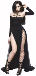 a woman is dressed in a long black dress