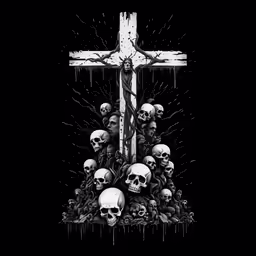 a white cross with several skulls underneath it