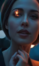 a woman with glowing eyes is holding her hand to her face