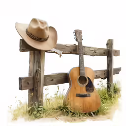 cowboy hat and guitar on the ground in front of a wooden fence