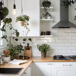 white kitchen with plants hanging over the stove