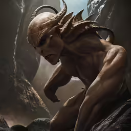 a man with very huge horned hair posing in front of a cave