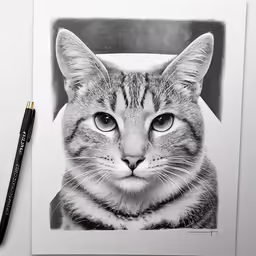 a pencil drawing of a cat on top of a white sheet