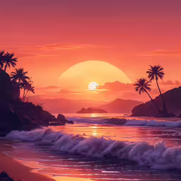 the sun setting over some rocky hills by a beach,a beach filled with waves under a red and orange sky