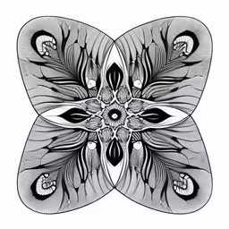 an artistic, intricate design with black and white lines,a pattern that looks like a butterfly with wings and leaves