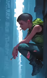 a boy that is sitting on a ledge with his hands in his pockets and smoking