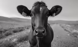 black and white photograph of cow on roadway with head turned sideways