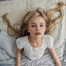 a young girl laying in bed with the help of an adult