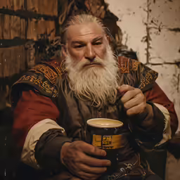 a man wearing a costume and holding a glass of beer