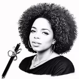 a woman with curly hair posing with a pen