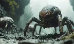 a spider with a large face and some very strange looking legs