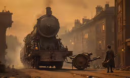 the conductor of the train stands beside a giant locomotive,an old time train driving down the street as people watch