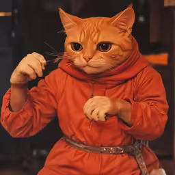 the cat is wearing a suit and holding something in his hand