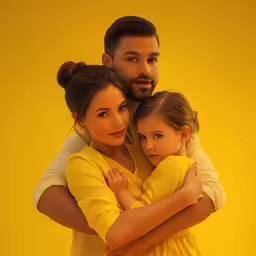 an adult and child standing in front of a yellow background