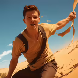 a young man sitting in the sand with a big instrument
