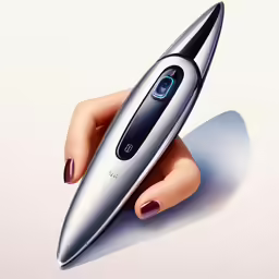 a woman is holding a silver device that is in her hands