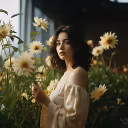 a woman standing in flowers with her arms around herself