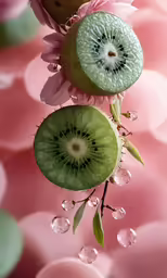 a green cut in half kiwi fruit sitting on top of flowers