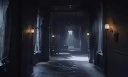 dark and creepy hallway with benches under street lights