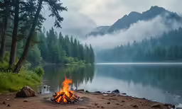 the fire is glowing in the dark night by the water