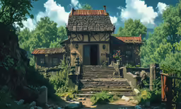 an artistic painting of a house in the woods