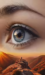 an eye peers over a mountain with the sun in the distance