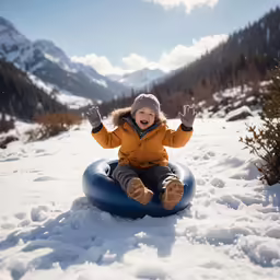 a small child on a snow tub playing in the snow