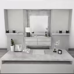 an empty room with white furniture and a marble counter