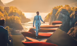 a man in white and black suit walking down steps near water
