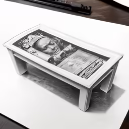 a table that has been cut into pieces, with a small piece of art embedded on it