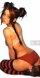 an asian woman in tight clothing sitting next to a white background
