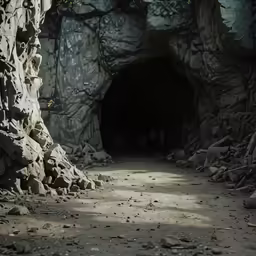 an outside view of a stone tunnel with rocks and a dirt path