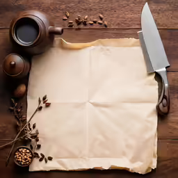 a table with a large knife, pepper grinder and parchment paper