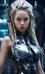 a rendering of a female robot in a sci - punk dress,a close up of a person wearing a robot suit