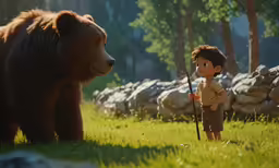 a boy and bear in a field near rocks