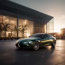 a dark green sports car is parked outside of a building