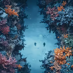 two people in a body of water surrounded by coral
