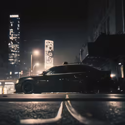black car at night in an urban street intersection
