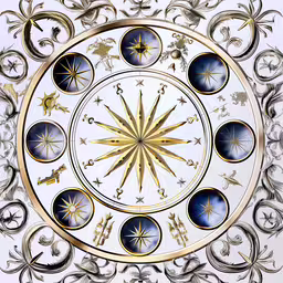 the zodiac symbol with many zodiac symbols in it,an intricate gold and blue design on white