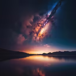 a star filled sky is reflected in the water