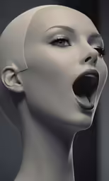 a white mannequin head with a surprised look on her face