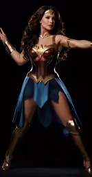 a woman in a wonder costume and posing for a picture