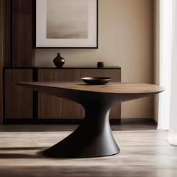 an oval table is shown in black in the center of a room with a framed painting