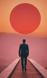 man walking along a pier as the sun is setting