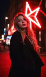 a woman posing in front of a red neon star