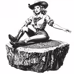 a woman in a cowboy outfit is sitting on top of a rock