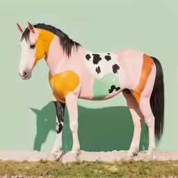 a plastic horse stands on its side in front of a green wall