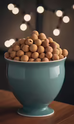 some food in a light blue bowl on top of a table