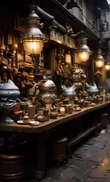 old fashioned lamps are lined up in front of the store