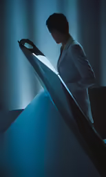 woman looking at item under bright light in photo